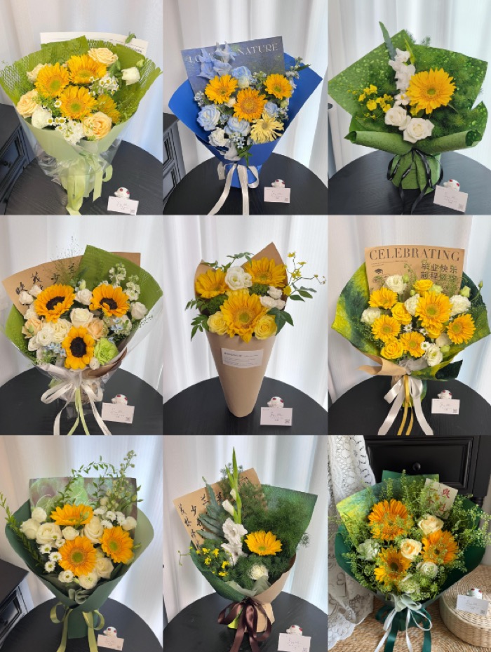 杭州教师节向日葵花束九宫格参考,适合教师节花束、送老师的花和明亮花礼参考